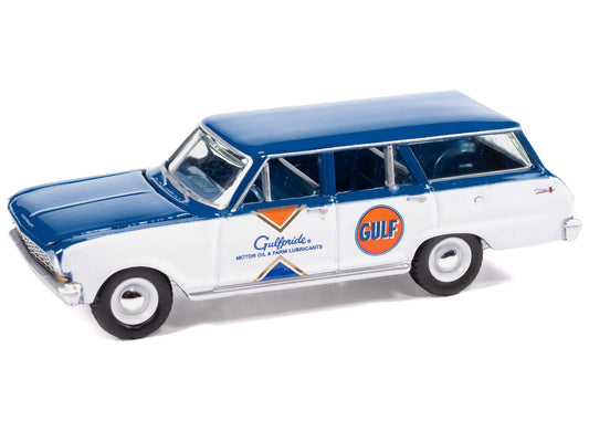 1963 Chevrolet II Nova 400 Wagon "Gulf" Blue and White with Blue Interior "Big Country Collectibles" 2025 Series 1/64 Diecast Model Car by Auto World Autoworld