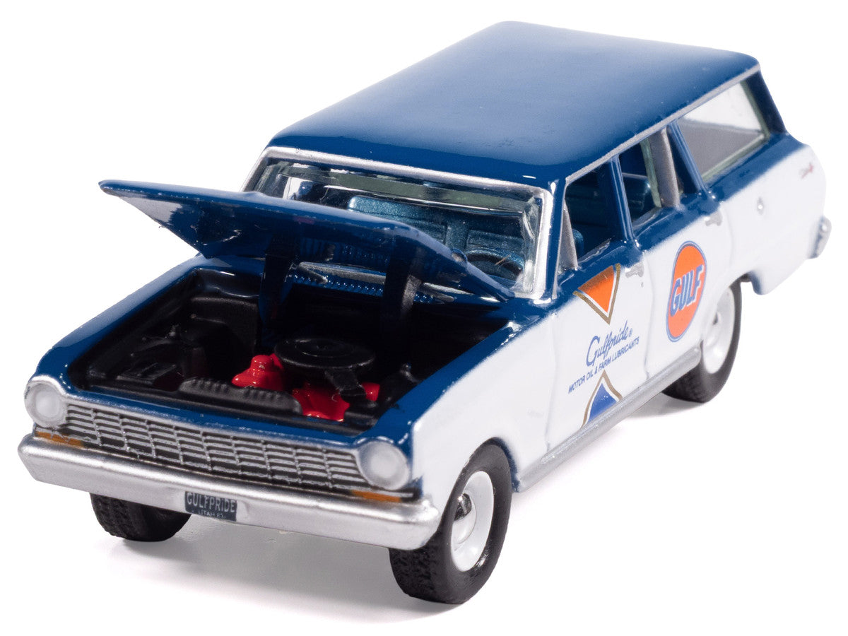 1963 Chevrolet II Nova 400 Wagon "Gulf" Blue and White with Blue Interior "Big Country Collectibles" 2025 Series 1/64 Diecast Model Car by Auto World Autoworld