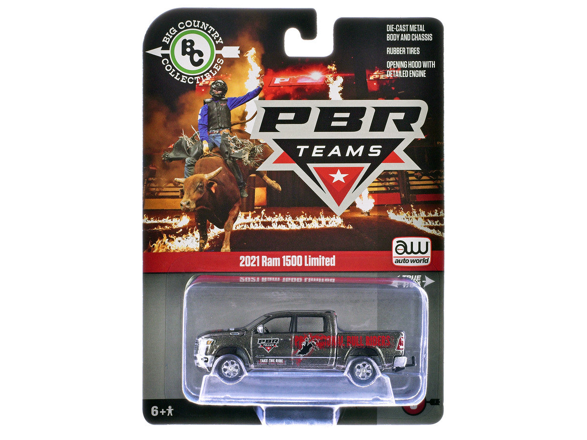2021 Ram 1500 Limited Pickup Truck "PBR (Professional Bull Riders)" Gray Metallic with Graphics "Big Country Collectibles" 2025 Series 1/64 Diecast Model Car by Auto World Autoworld