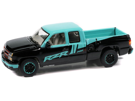 2006 Chevrolet Silverado Pickup Truck "Polaris RZR" Black and Blue "Big Country Collectibles" 2025 Series 1/64 Diecast Model Car by Auto World Autoworld
