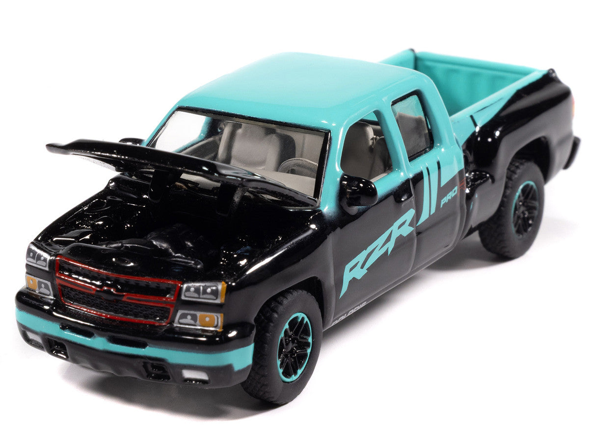 2006 Chevrolet Silverado Pickup Truck "Polaris RZR" Black and Blue "Big Country Collectibles" 2025 Series 1/64 Diecast Model Car by Auto World Autoworld