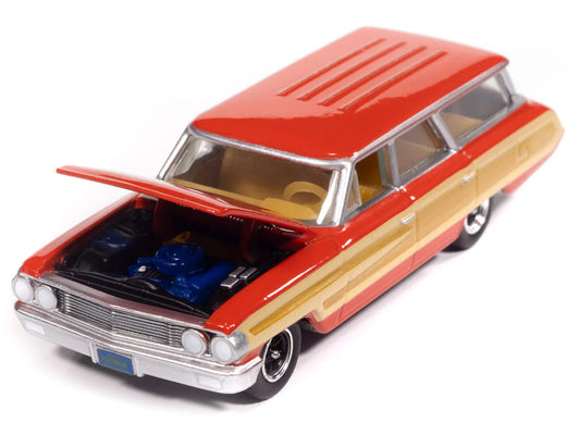 1964 Ford Country Squire Poppy Red with Woodgrain Sides "Muscle Wagons" Series 1/64 Diecast Model Car by Auto World-1