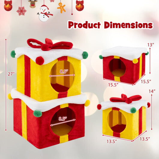 Cat Furniture Set with 58 Inch Tall Cat Tree Tower and 2 Gift Box Shaped Cute Christmas Cat House W2B