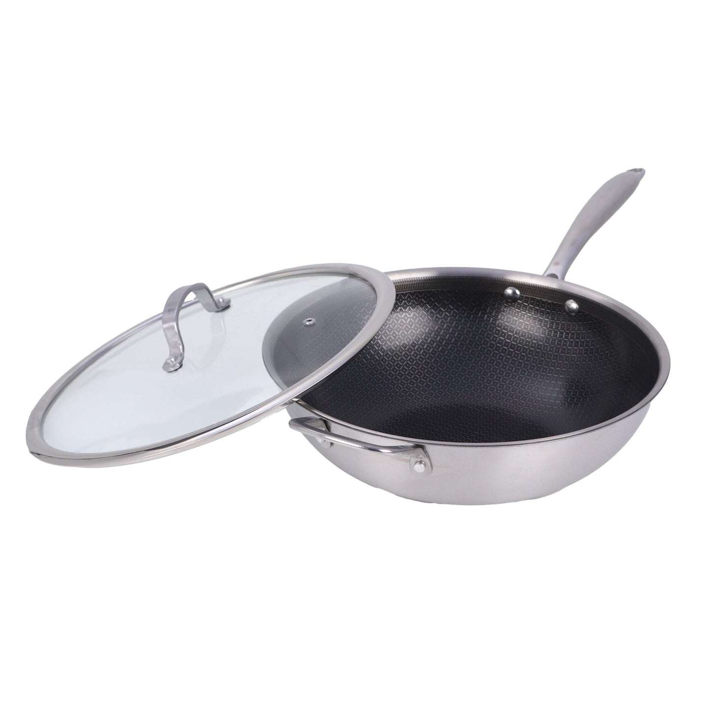 Brentwood 12-inch 4.2 Quarts Hybrid Non-Stick Stainless Steel Wok with Glass Lid W2B