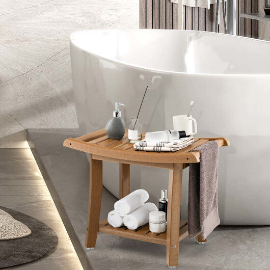 Waterproof Bath Stool with Curved Seat and Storage Shelf-Brown W2B