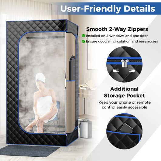 Portable Steam Sauna with 3L Steam Generator Remote Control Wood Foot Massager and Foldable Chair for Home-Black W2B