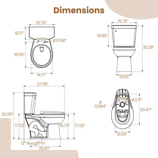 Two-Piece Round Toilet with 17.5 inch ADA Comfort Chair Height Seat