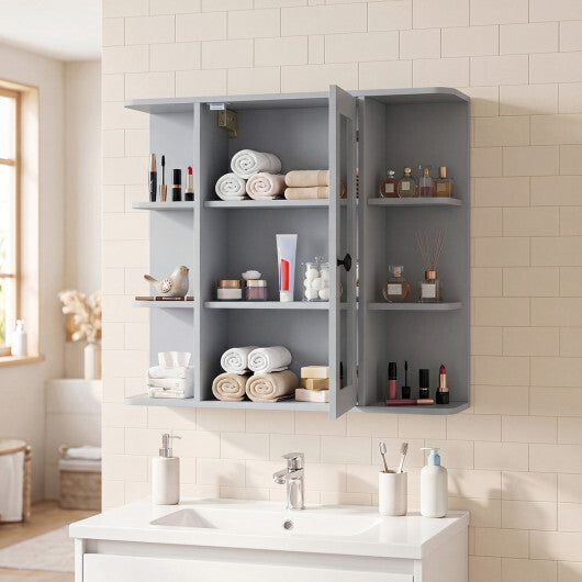 Wall Mounted Bathroom Medicine Cabinet with Mirror and Shelves-Gray W2B