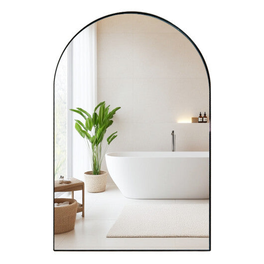 34" x 22" Brushed Metal Wall-Mounted Storage Cabinet with Arched Mirror and Adjustable Shelves-Black W2B
