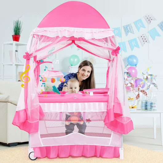 Portable Baby Playpen Crib Cradle with Carring Bag-Pink W2B