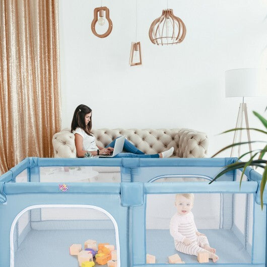 75 x 59 Inch Large Baby Playpen with Breathable Mesh and Zipper Doors-Gray W2B