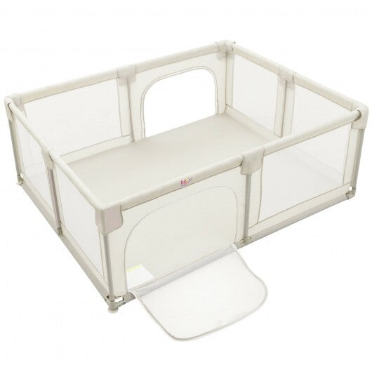 75 x 59 Inch Large Baby Playpen with Breathable Mesh and Zipper Doors-Gray W2B