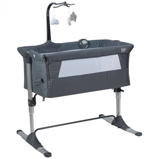 Height Adjustable Baby Side Crib with Music Box & Toys-Dark Gray W2B
