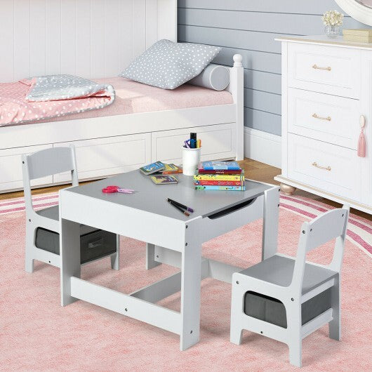 Kids Table Chairs Set With Storage Boxes Blackboard Whiteboard Drawing-White - Color: White W2B