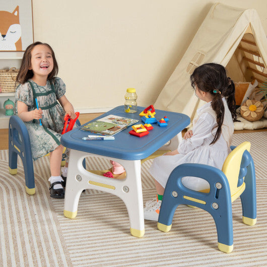 Kids Table and 2 Chairs Set with Storage Shelf and Building Blocks-Blue W2B