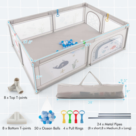 Large Baby Playpen with Pull Rings Ocean Balls and Cute Pattern-Penguin W2B