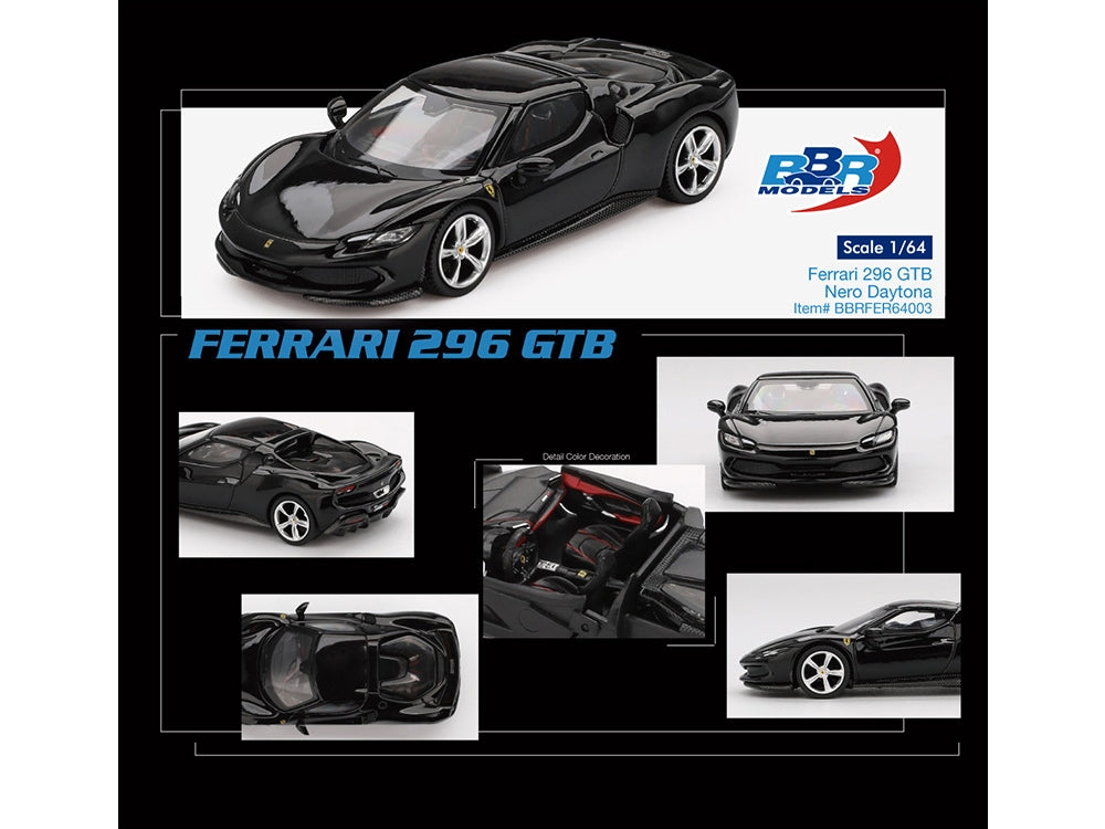 Ferrari 296 GTB Nero Daytona Black 1/64 Diecast Model Car by BBR