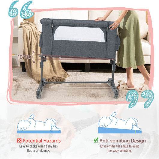 Portable Baby Bedside Bassinet with 5-level Adjustable Heights and Travel Bag-Gray - Color: Gray W2B