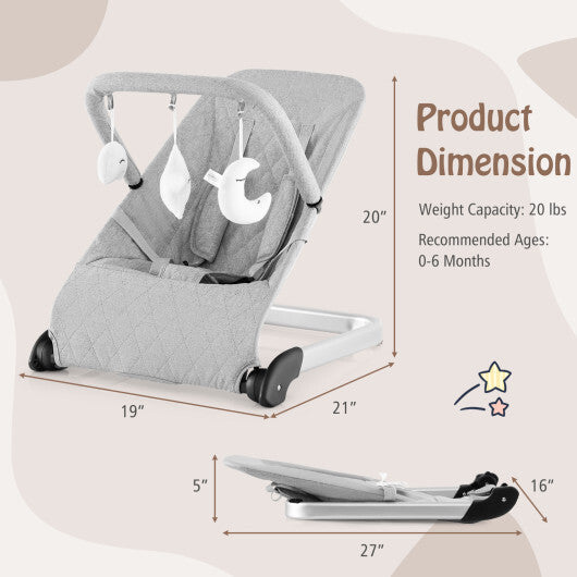 Foldable Baby Bouncer with Removable Fabric Cover and Toy Bar-Gray W2B