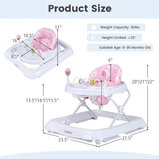 Foldable Baby Activity Walker with Adjustable Height and Detachable Seat Cushion-Gray W2B