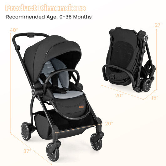 Foldable Infant Pram Stroller with Reversible Seat Reclining Backrest-Gray W2B