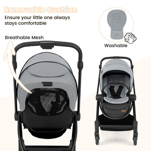 Foldable Infant Pram Stroller with Reversible Seat Reclining Backrest-Gray W2B