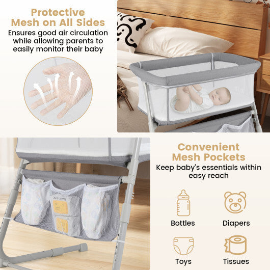 Baby Bassinet Bedside Crib with Adjustable Height Comfy Mattress-Gray W2B