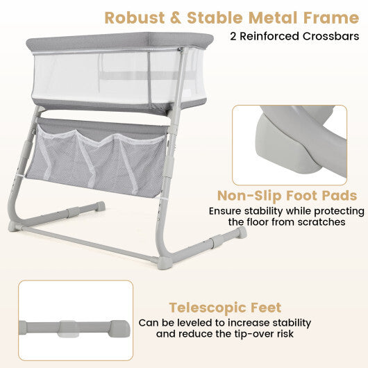Baby Bassinet Bedside Crib with Adjustable Height Comfy Mattress-Gray W2B