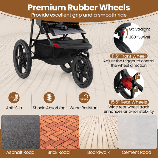 Foldable Jogging Stroller with Detachable Tray and Air-Filled Rubber Tires-Gray