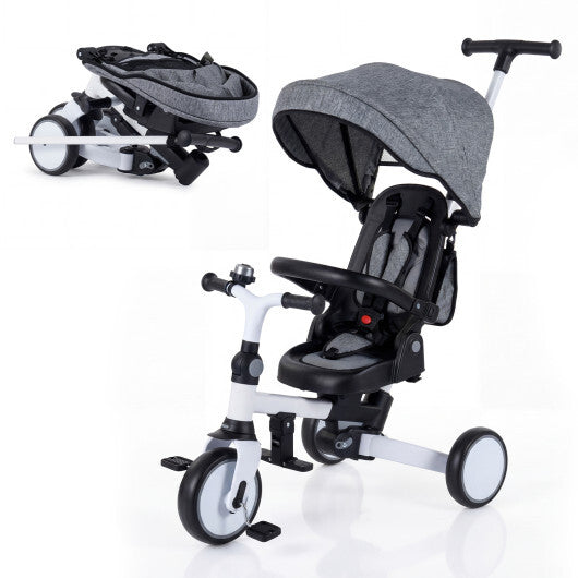 8-in-1 Folding Kids Tricycle with Removable Canopy and Push Handle-Gray W2B