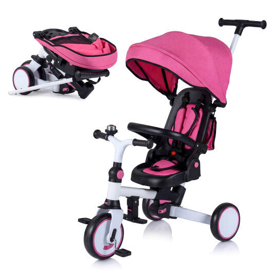 8-in-1 Folding Kids Tricycle with Removable Canopy and Push Handle-Gray W2B