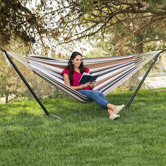 Portable Cotton Hammock in Desert Strip with Metal Stand and Carry Case FastFurnishings