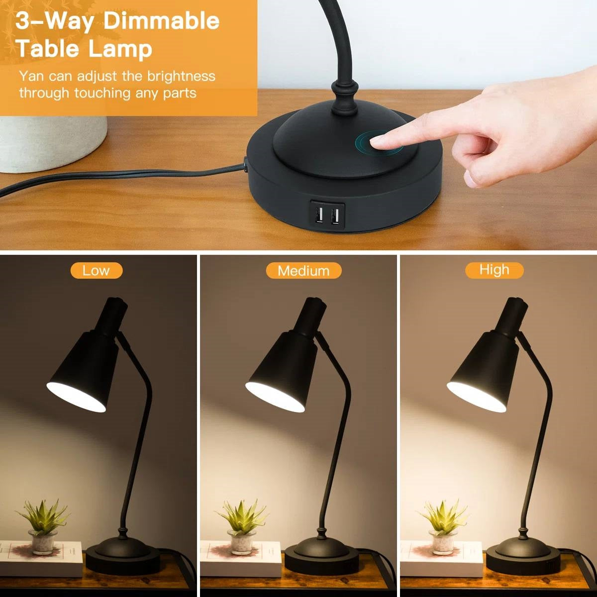 Black Gooseneck Dimmable Table Lamp Desk Light with Touch Control and USB-4