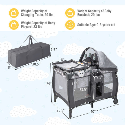 Portable Baby Nursery Center 4-in-1 Portable Travel Crib-Gray W2B