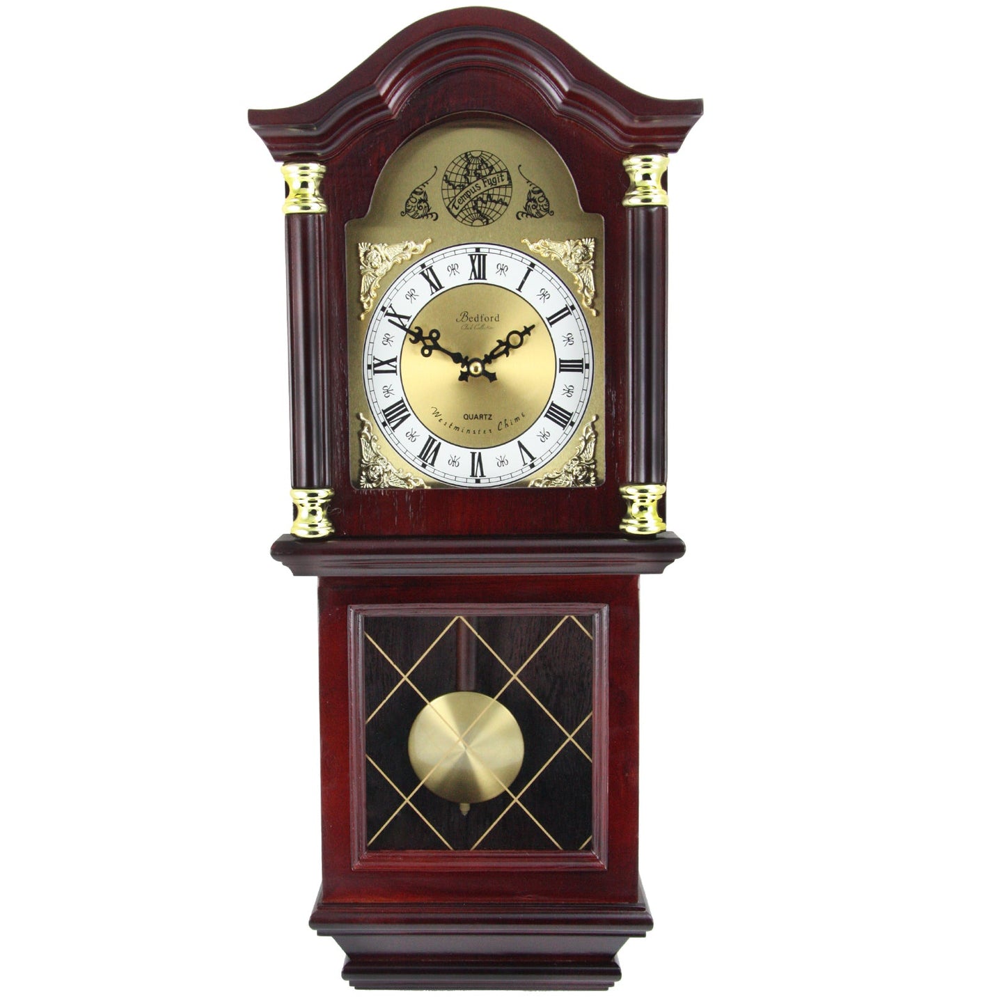 Bedford Clock Collection 26 Inch Chiming Pendulum Wall Clock in Antique Mahogany Cherry Oak Finish W2B