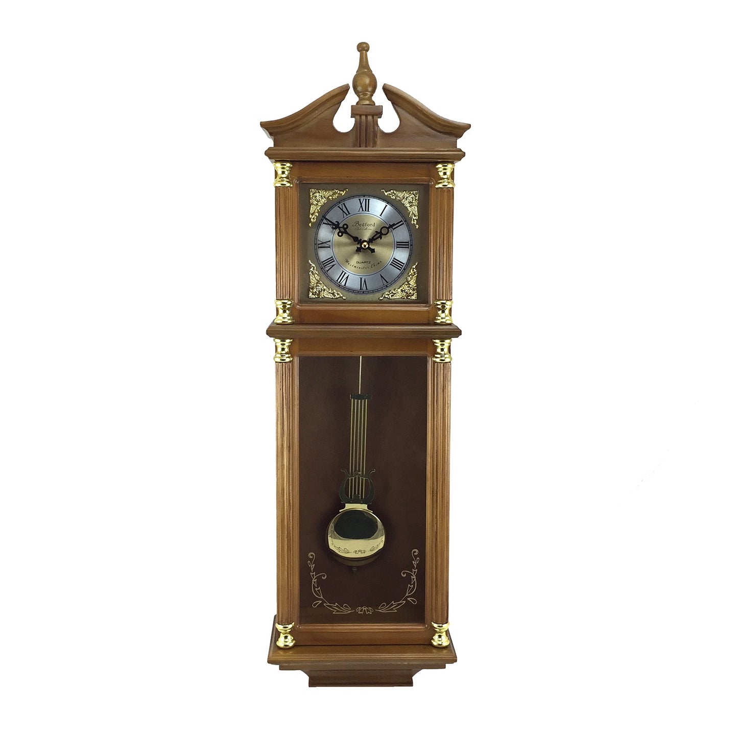 Bedford Clock Collection 34.5 Inch Chiming Pendulum Wall Clock in Antique Harvest Oak Finish W2B