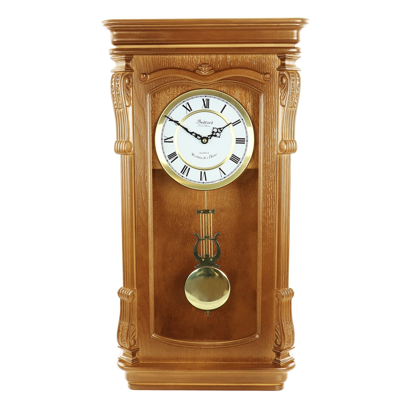 Bedford Clock Collection Golden Oak Chiming Pendulum Wall Clock W2B
