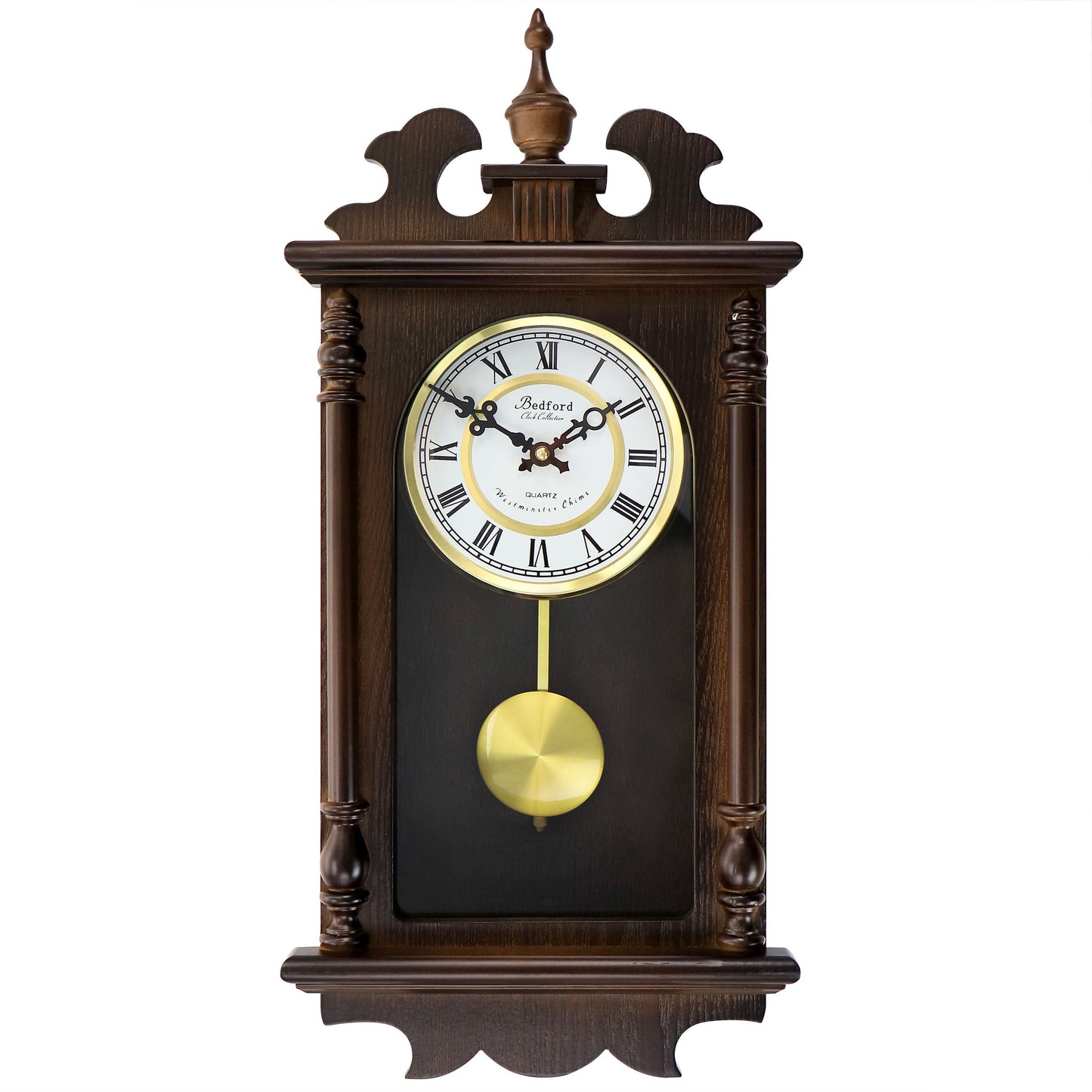 Bedford Clock Collection Leo 21 Inch Chestnut Wood Chiming Pendulum Wall Clock W2B