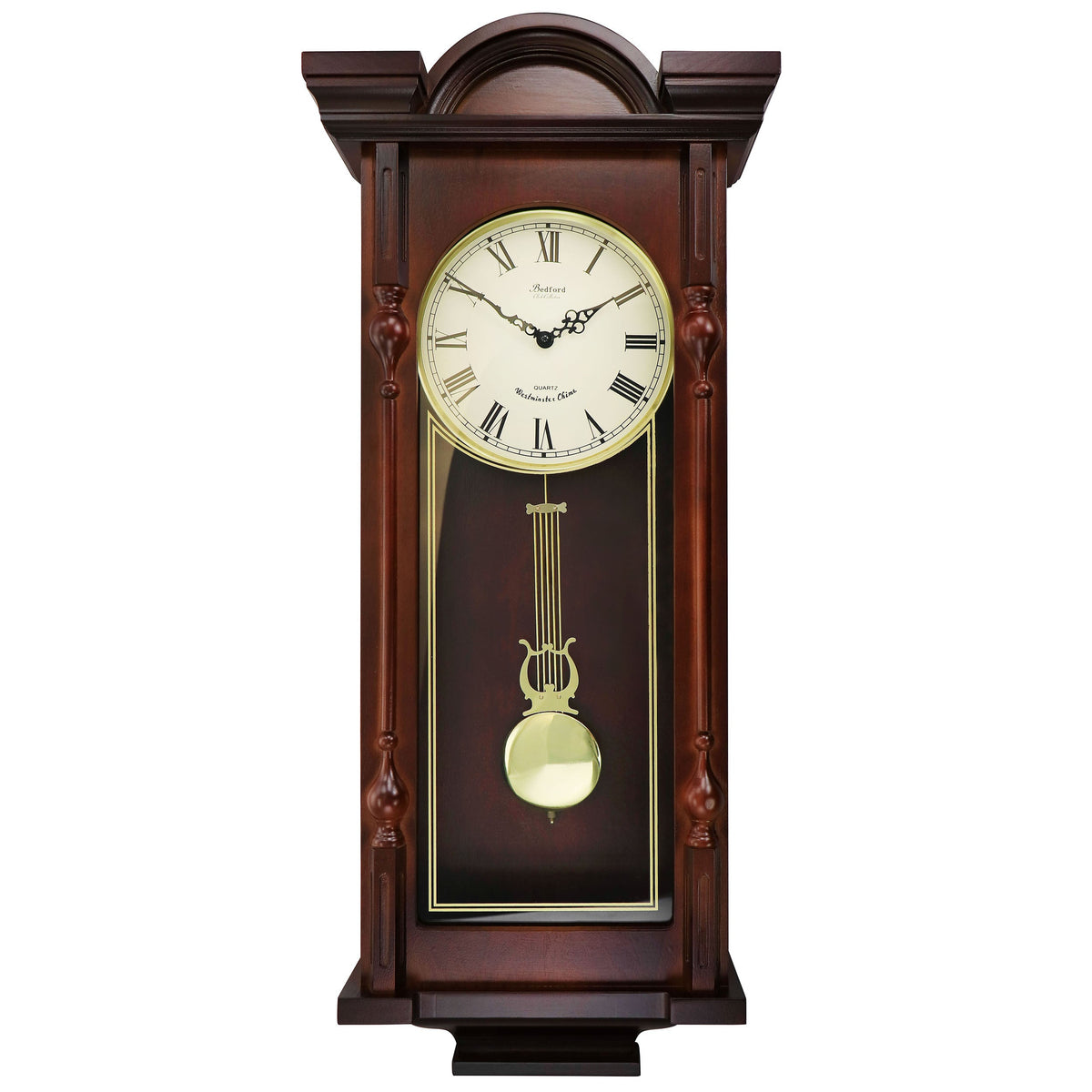 Bedford Clock Collection Grand 31 Inch Chiming Pendulum Wall Clock in Antique Mahogany Cherry Finish W2B