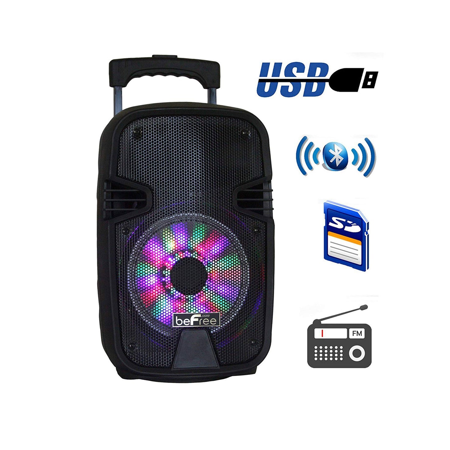 beFree Sound 8 Inch Bluetooth Portable Party Speaker with USB, SD and Reactive Lights W2B