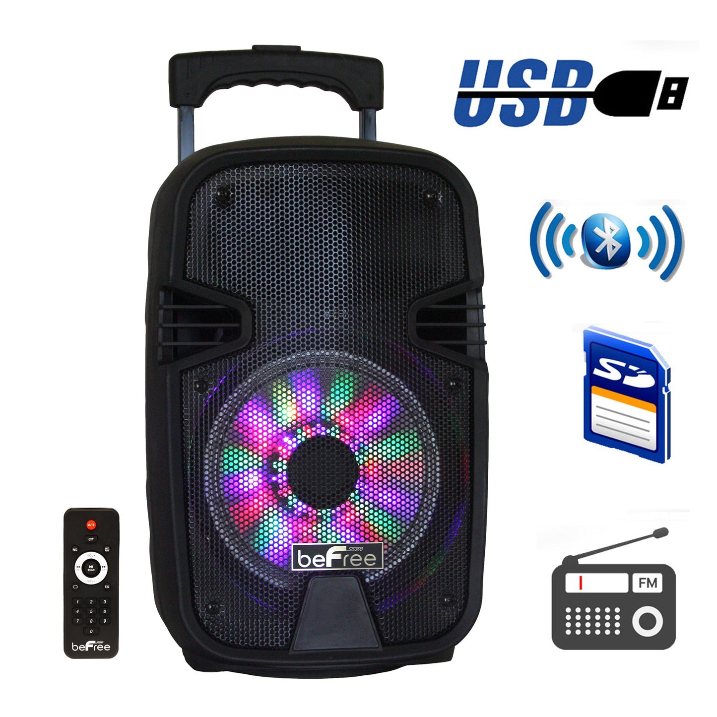 beFree Sound 8 Inch 400 Watts Bluetooth Portable Party Speaker with USB, SD Input and Reactive Lights W2B