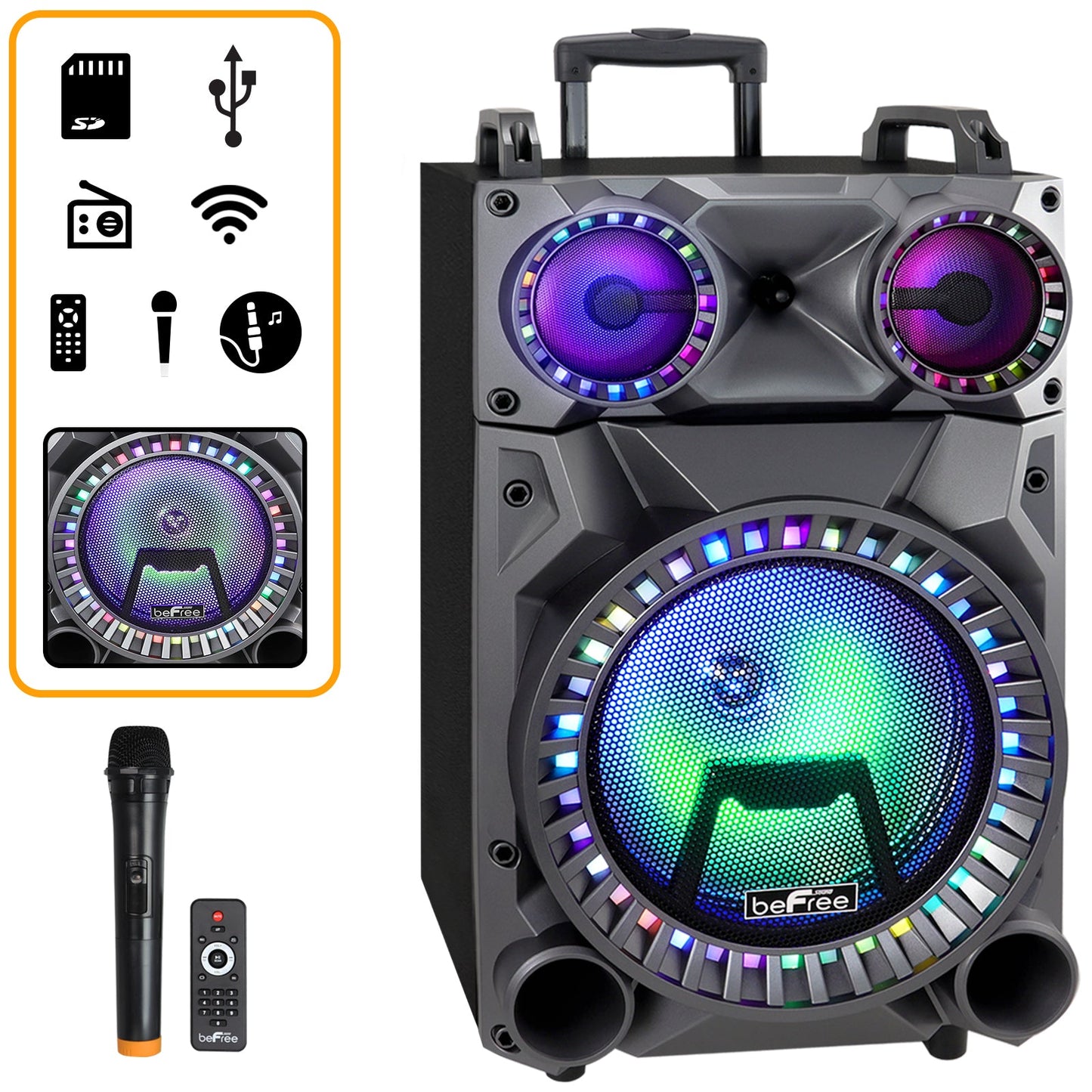 beFree Sound Rechargeable 12 Inch Bluetooth Portable Party Speaker with Party Lights, FM Radio and USB/TF Inputs W2B