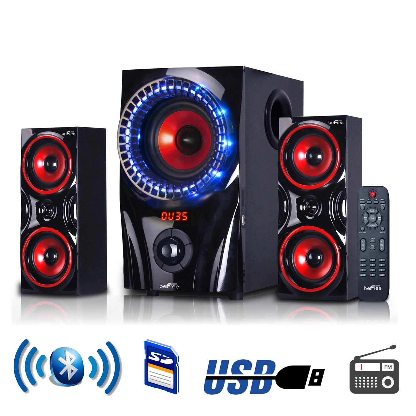 beFree Sound 2.1 Channel Surround Sound Bluetooth Speaker System in Red W2B