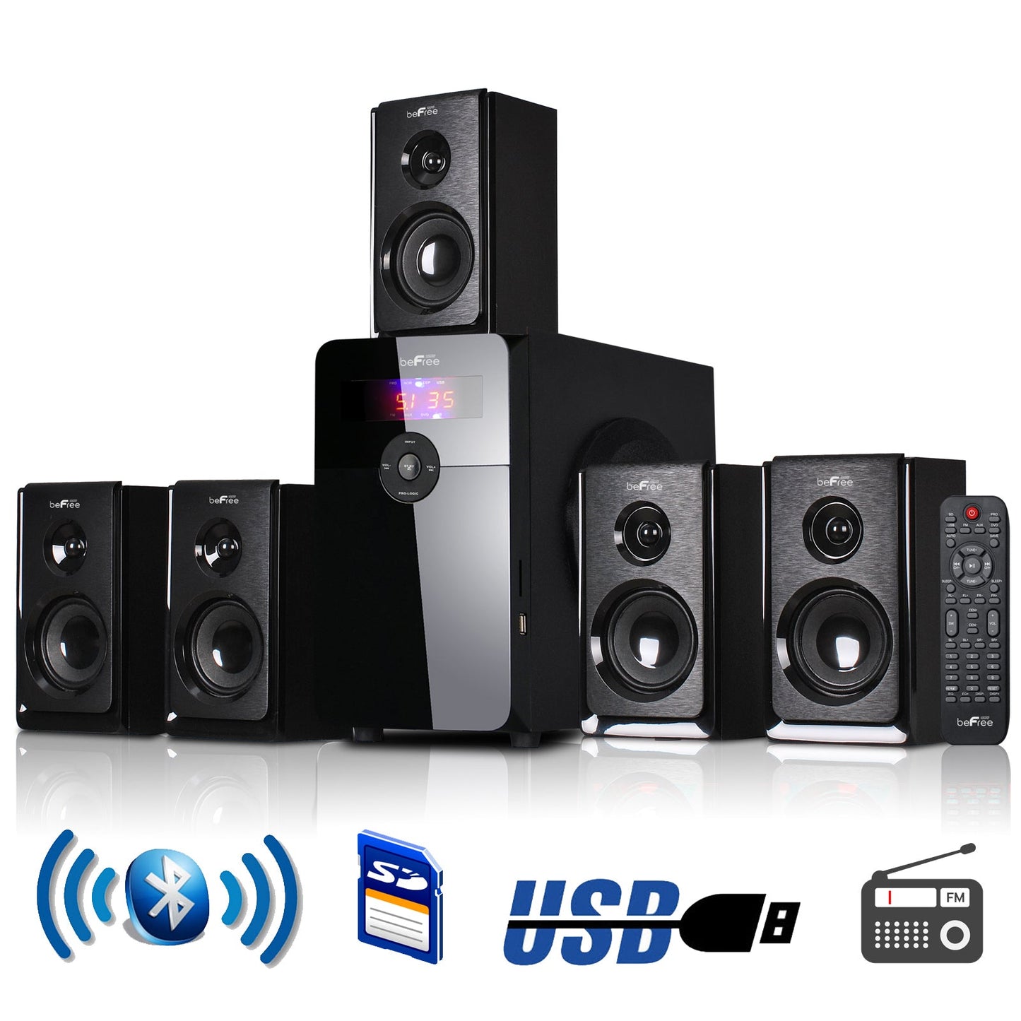 beFree Sound 5.1 Channel Surround Sound Bluetooth Speaker System in Black W2B