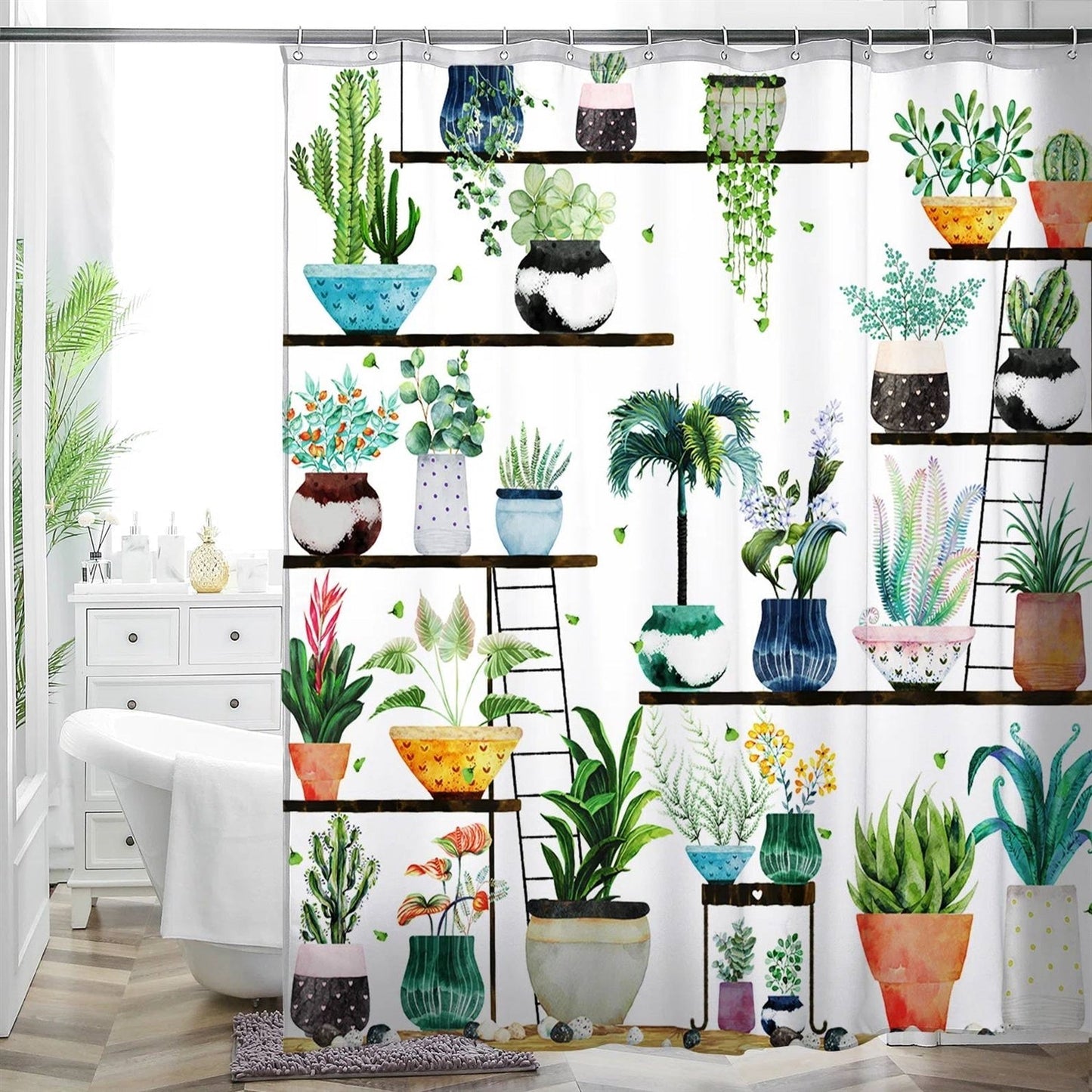 72-in. Watercolor Plants Botanical Floral Flower Pots Succulents Shower Curtain FastFurnishings