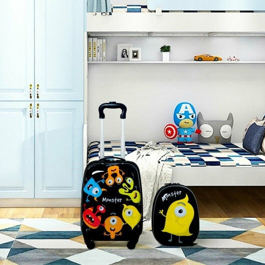 2 Pieces Kids Luggage Set 12 Inch Backpack and 16 Inch Rolling Suitcase - Color: Black W2B