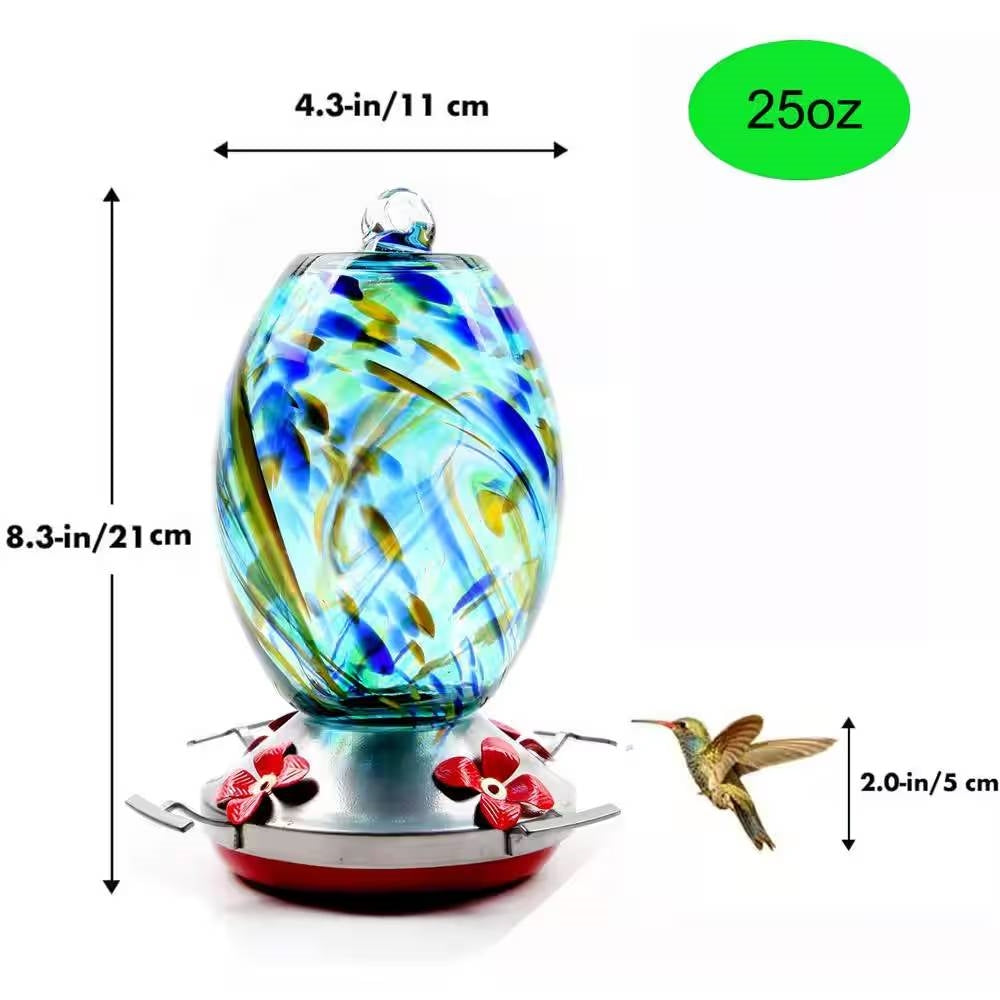 Blue Blown Glass Hummingbird Feeder with Perch and 4 Feeding Ports FastFurnishings