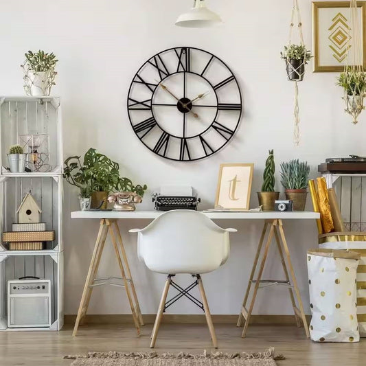 Round 24-inch Black Metal Roman Numeral Wall Clock with Gold Hands FastFurnishings