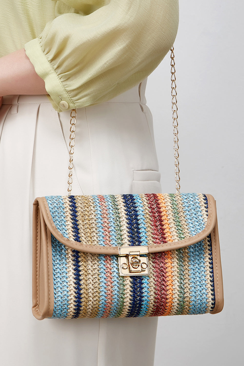 Azariah Striped Crochet Flapped Bag Threaded Pear
