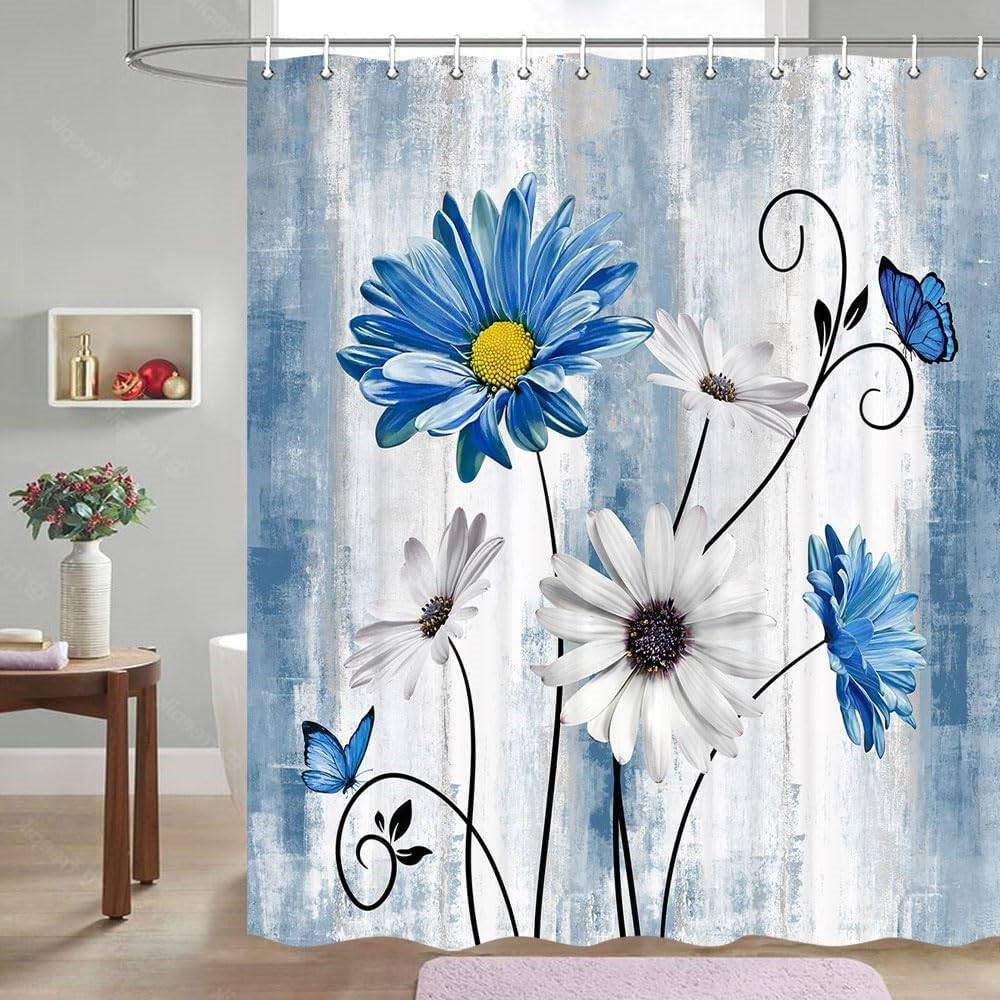 72"W x 78"H Blue Vibrant Floral Butterfly Polyester Shower Curtain FastFurnishings